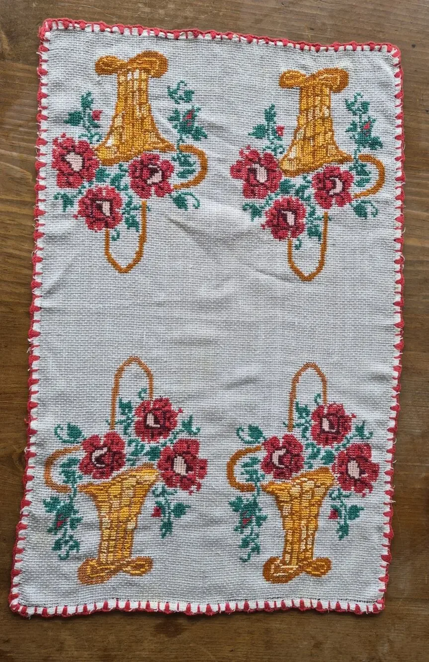 Vintage Hand Embroidered Table Topper 26 X 17 With Baskets of Flowers